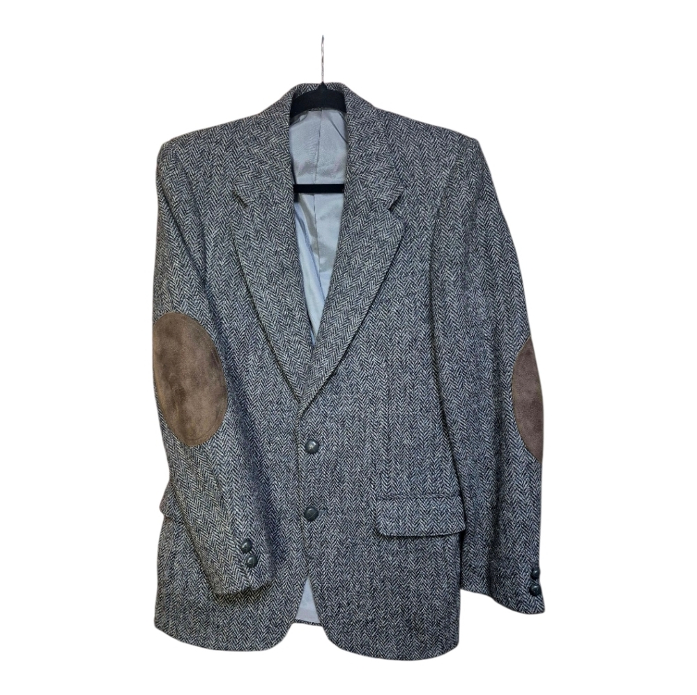 Vintage Grey/Blue Harris Tweed Jacket With Brown elbow patches by Leshman TipTop - Picture 4 of 16